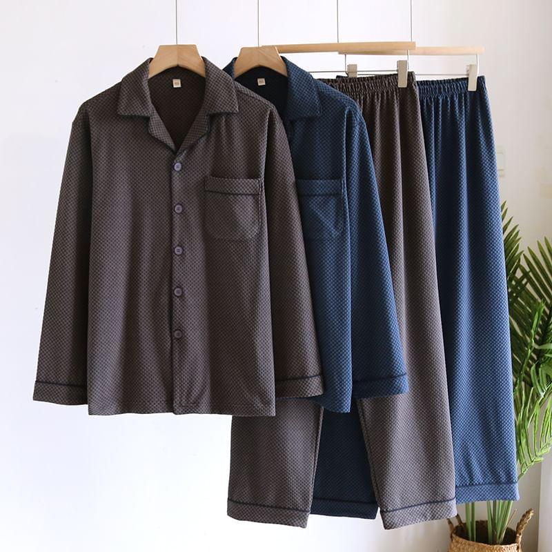 Pajama Set: Long-Sleeve Lapel Collar Checked Button Top + Pants Product Image