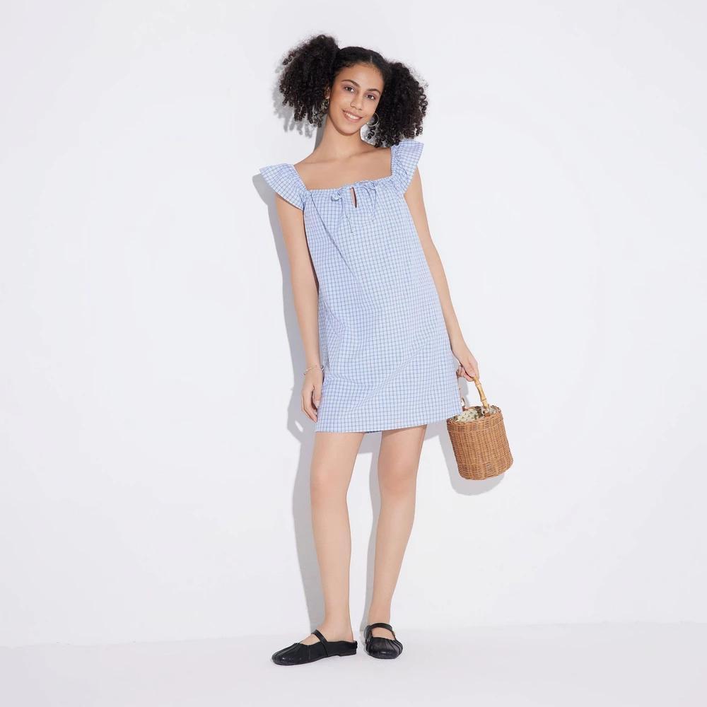 Women's Game Day Flutter Cap Sleeve Mini Dress - Wild Fable™ Blue Plaid M Product Image