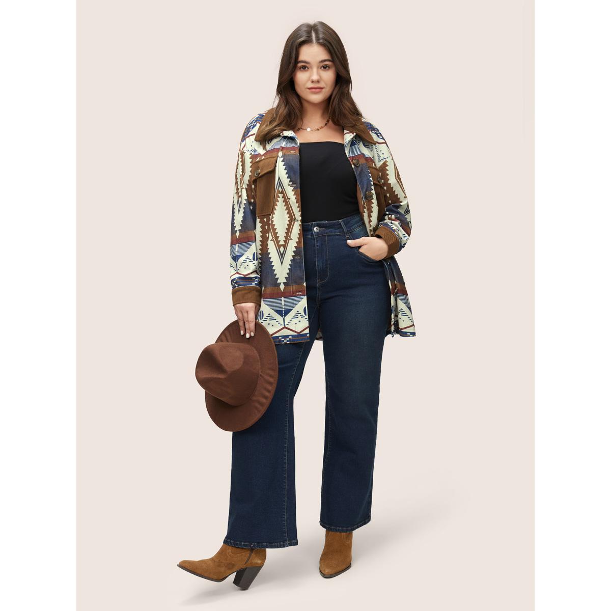 Plus Size Geometric Patchwork Corduroy Patched Pocket Jacket Women DarkBrown Lined Pocket Everyday Jackets BloomChic 10/M Product Image