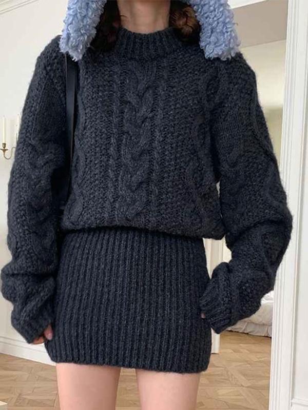 Vintage Cable Knit Long Sleeve Knit Mini Dress Product Image