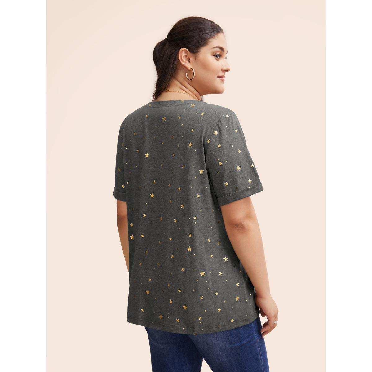 Plus Size Star Glitter Cuffed Sleeve Crew Neck T-shirt DimGray Women Casual Heather Moon and Star Round Neck Dailywear T-shirts BloomChic 14-16/1X Product Image