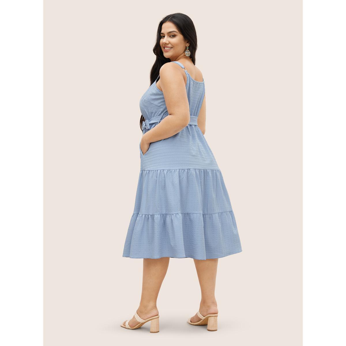 Plus Size Plain Textured Ruffle Layered Hem Belted Dress LightBlue Women Resort Texture Non Sleeveless Curvy Midi Dress BloomChic 10/M Product Image