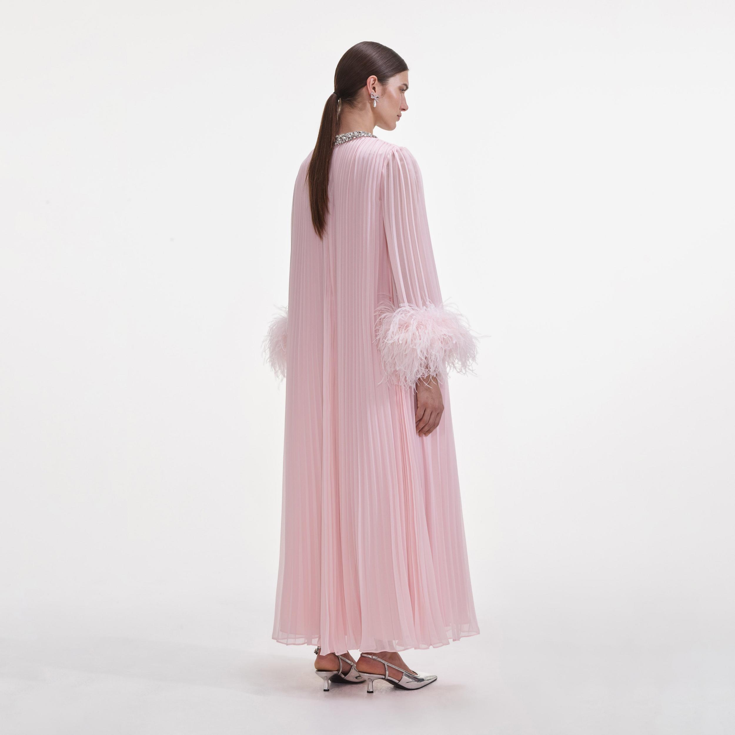 Pink Chiffon Feather Midi Dress Product Image