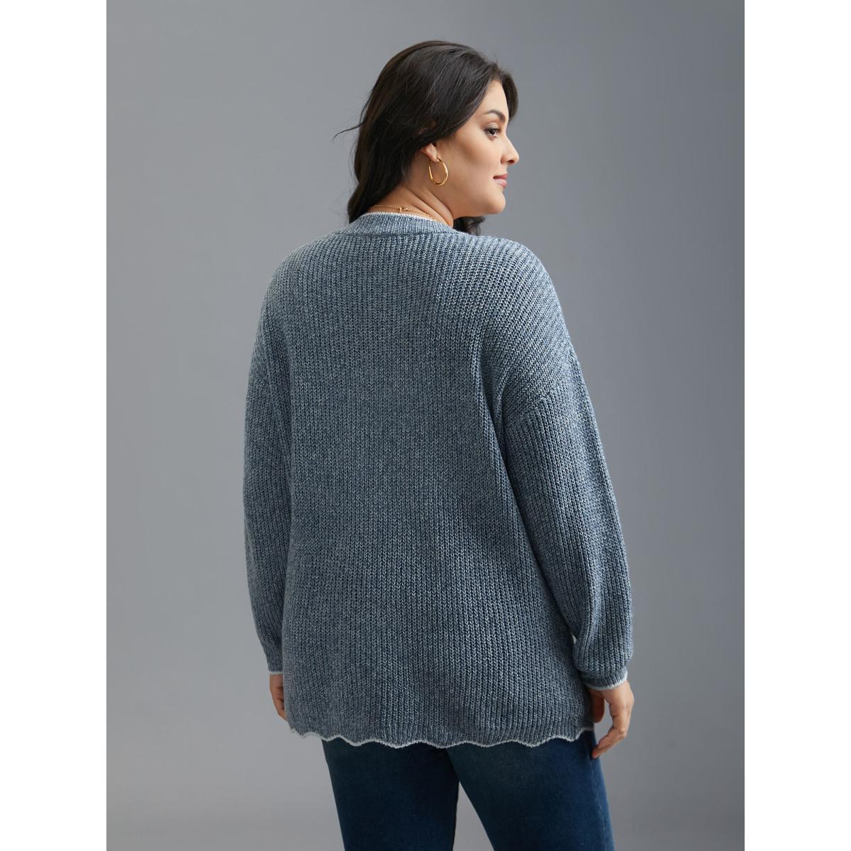 Plus Size Plain Textured Contrast Trim Cable Knit Pullover LightBlue Women Casual Loose Long Sleeve V-neck Everyday Pullovers BloomChic 22-24/3X Product Image