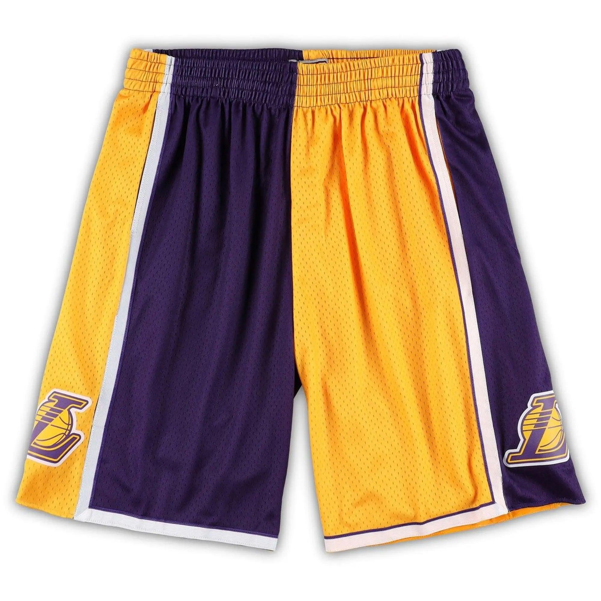 Men's Mitchell & Ness Gold/Purple Los Angeles Lakers Big & Tall Hardwood Classics Split Swingman Shorts,  Product Image