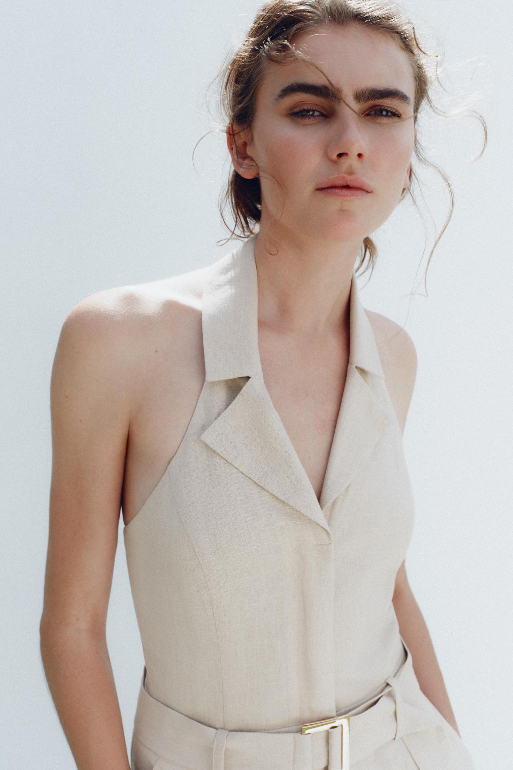 HALTER LINEN BELTED JUMPSUIT Product Image