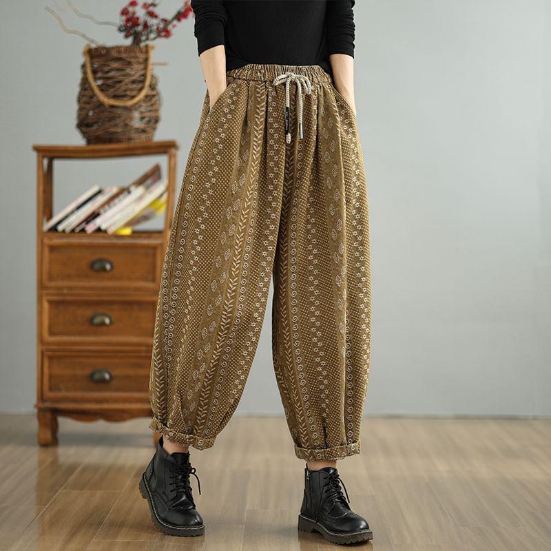 Drawstring Waist Patterned Cropped Baggy Pants Product Image