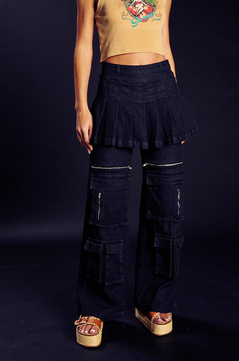 WANT U BACK WIDE LEG DENIM PANT WITH SKIRT Product Image