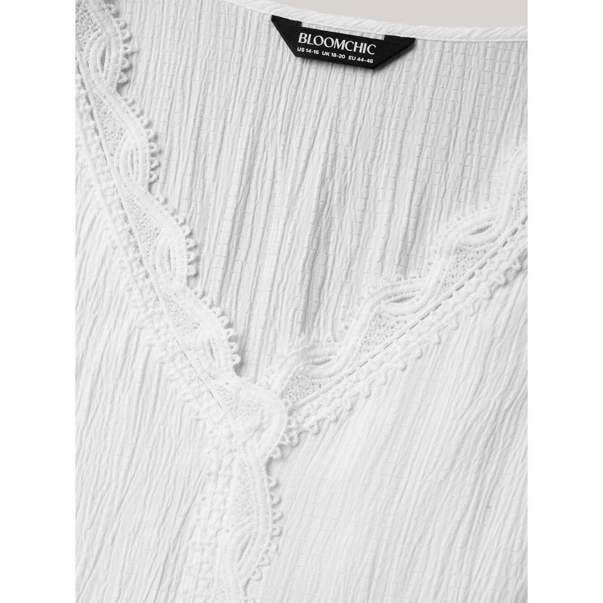 Plus Size Beige Scalloped Lace Textured Sheer Flared Shirt Women Leisure Short sleeve V-neck Casual Blouses BloomChic 28/5X Product Image