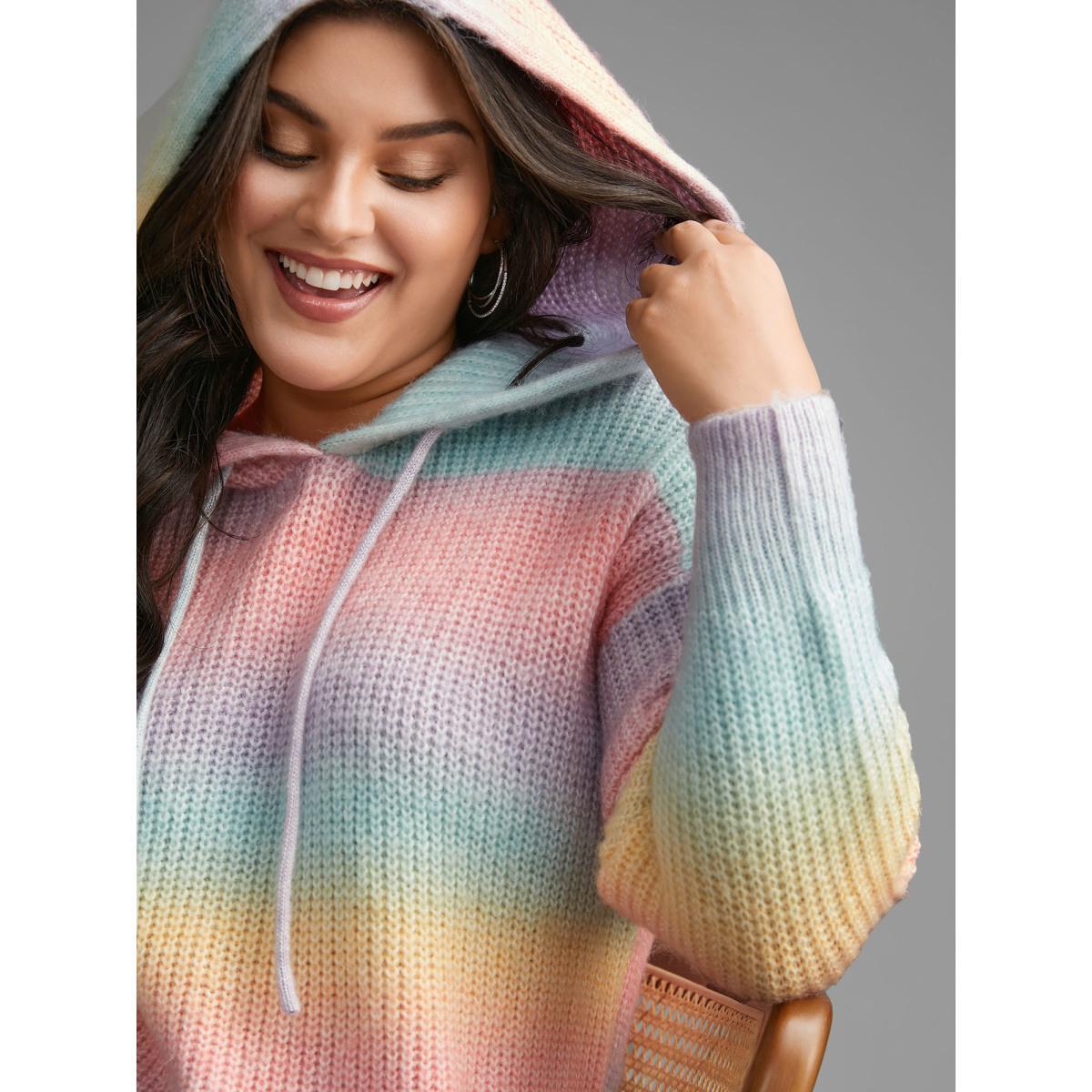 Plus Size Ombre Contrast Hooded Drop Shoulder Pullover Multicolor Women Casual Loose Long Sleeve Hooded Everyday Pullovers BloomChic 12/L Product Image