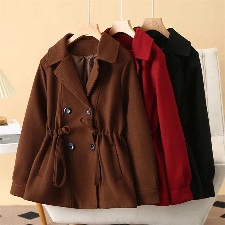 Plus Size Lapel Collar Plain Drawstring Waist Double-Breasted Coat Product Image