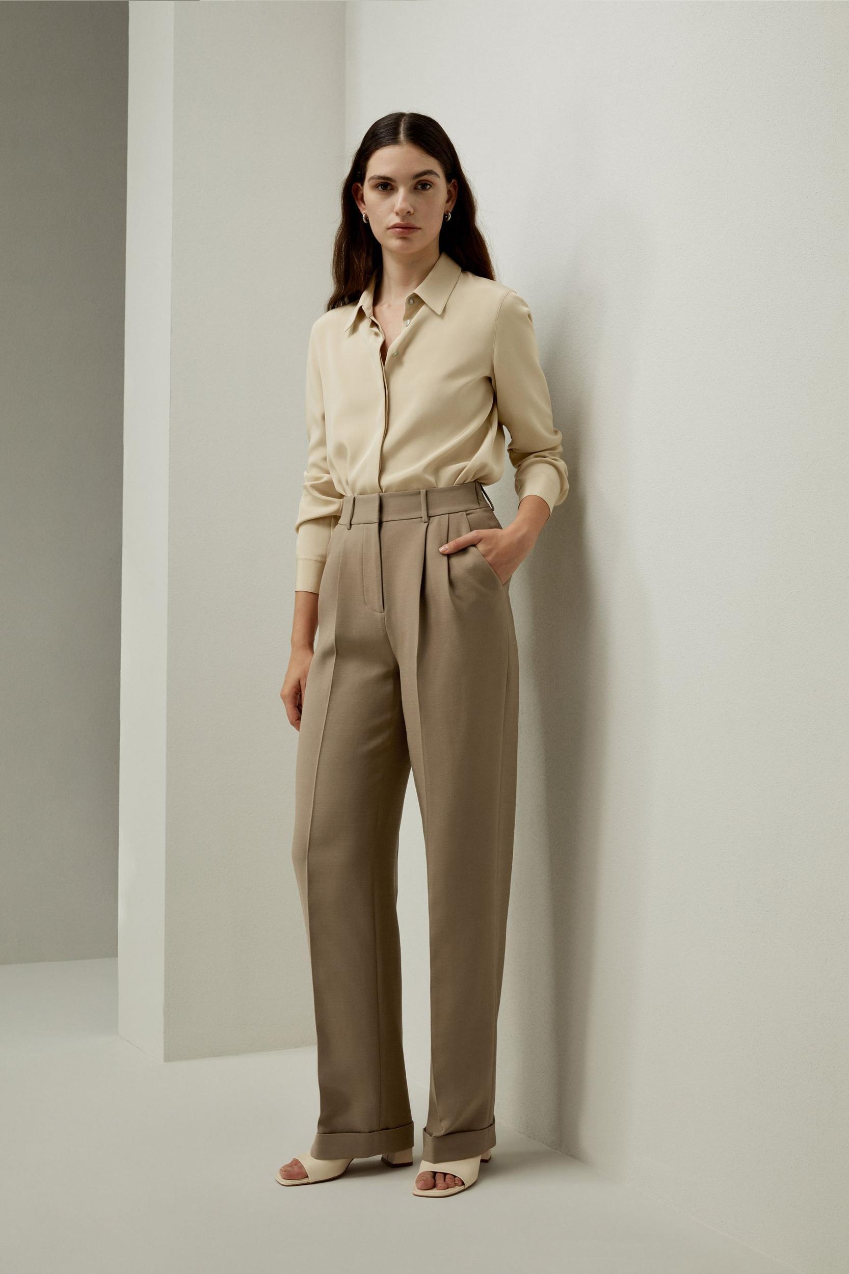 Silk-Wool Blend Khaki Minimalist Trousers Product Image