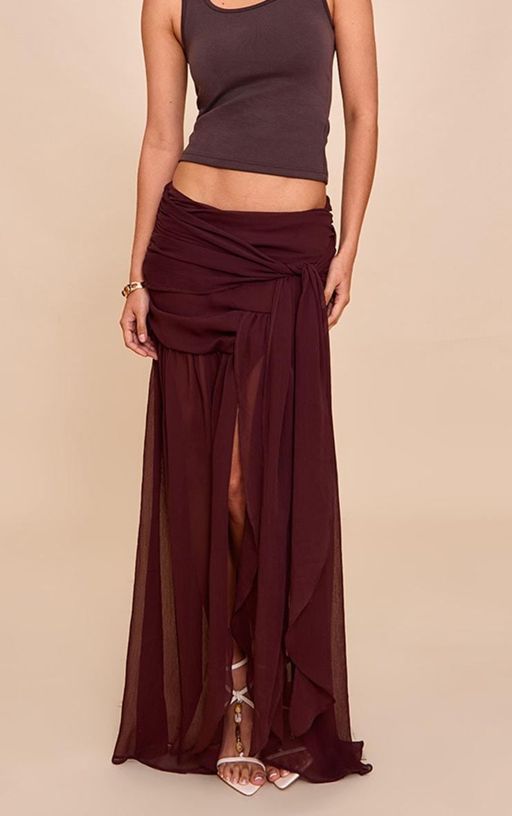 Dark Chocolate Chiffon Lined Tie Front Maxi Skirt Product Image