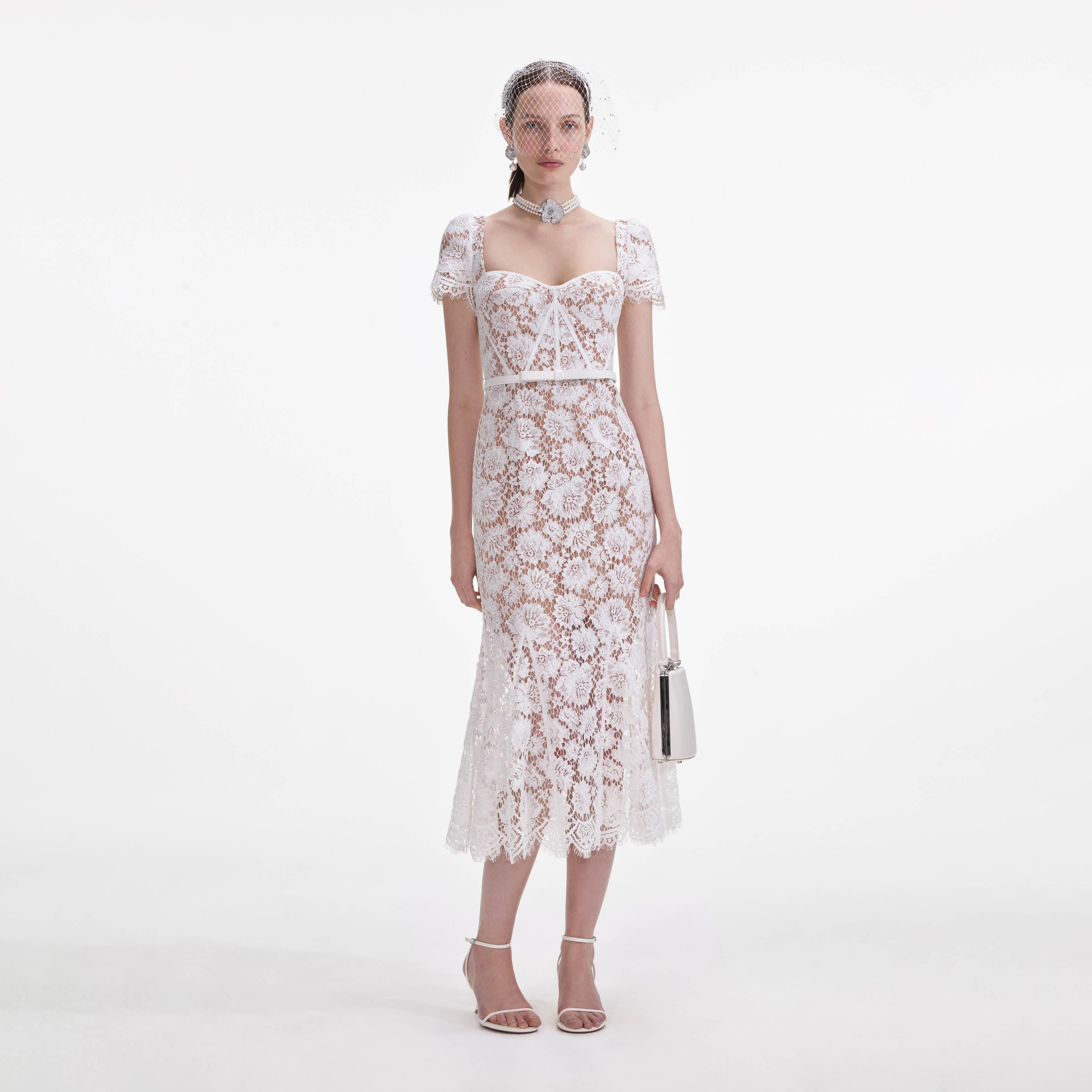 White Fine Lace Midi Dress Product Image