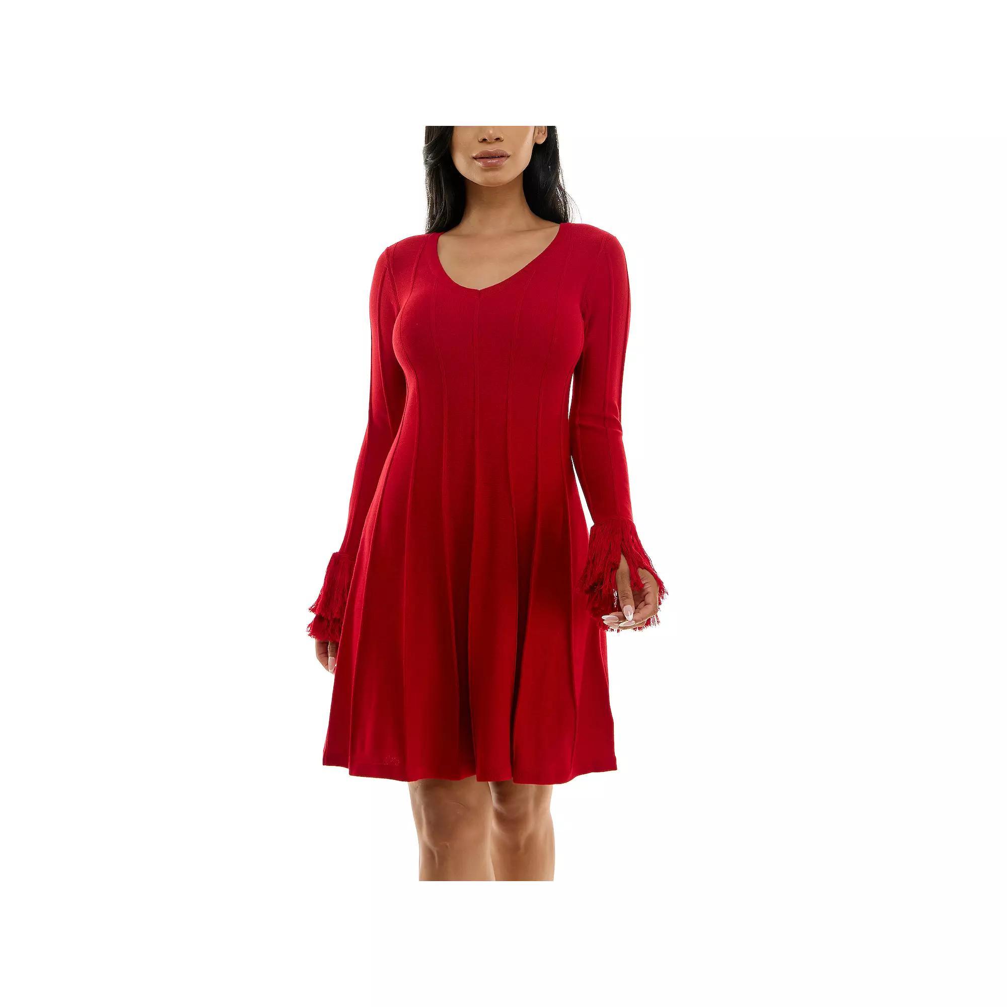 Women's Nina Leonard A-Line Fringe Sweater Dress, Size: Large, Red Product Image