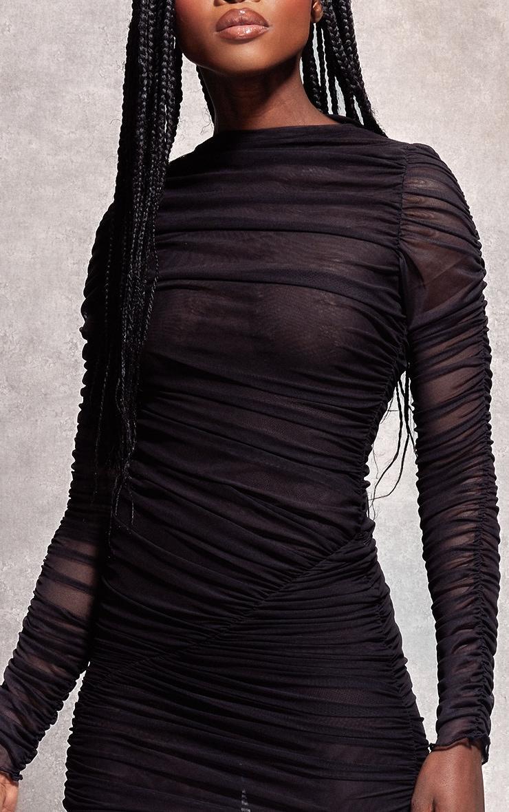 Black Extreme Ruched Sheer Mesh Dress Product Image