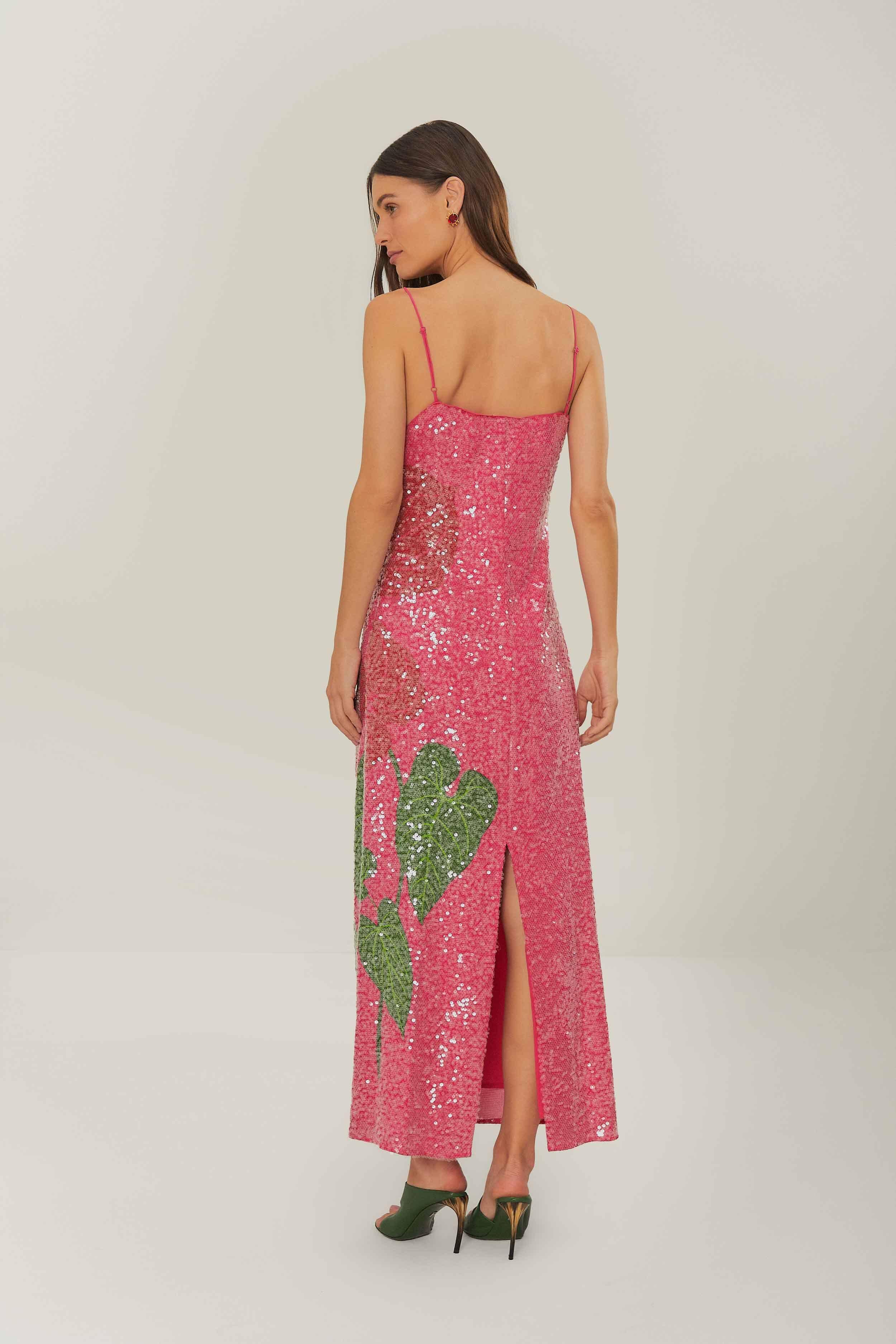 Pink Anthurium Flowers Slip Maxi Dress, ANTHURIUM FLOWERS PINK / S Product Image