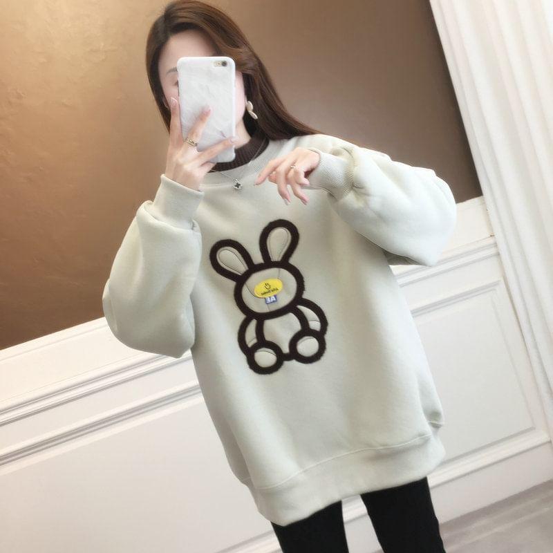 Mock Neck Bear Rabbit Patterned Fleece Pullover Product Image