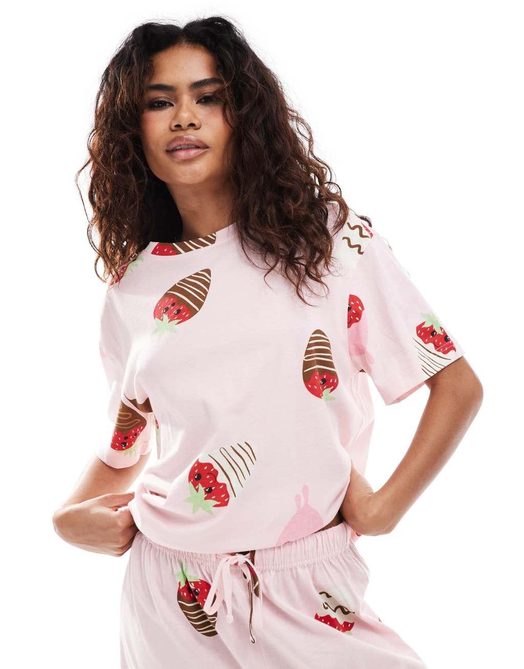 ASOS DESIGN valentines chocolate strawberry oversized tee & short pajama set in pink Product Image