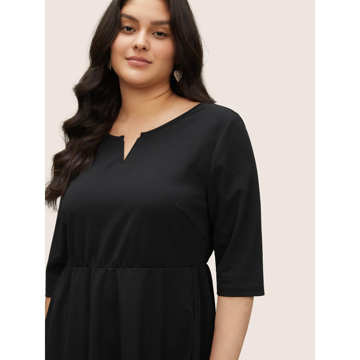 Plus Size Rhinestone Notched Pocket Curved Hem Dress Black Women Glamour Rhinestone detailing Notched collar Half Sleeve Curvy Midi Dress BloomChic 12/L Product Image