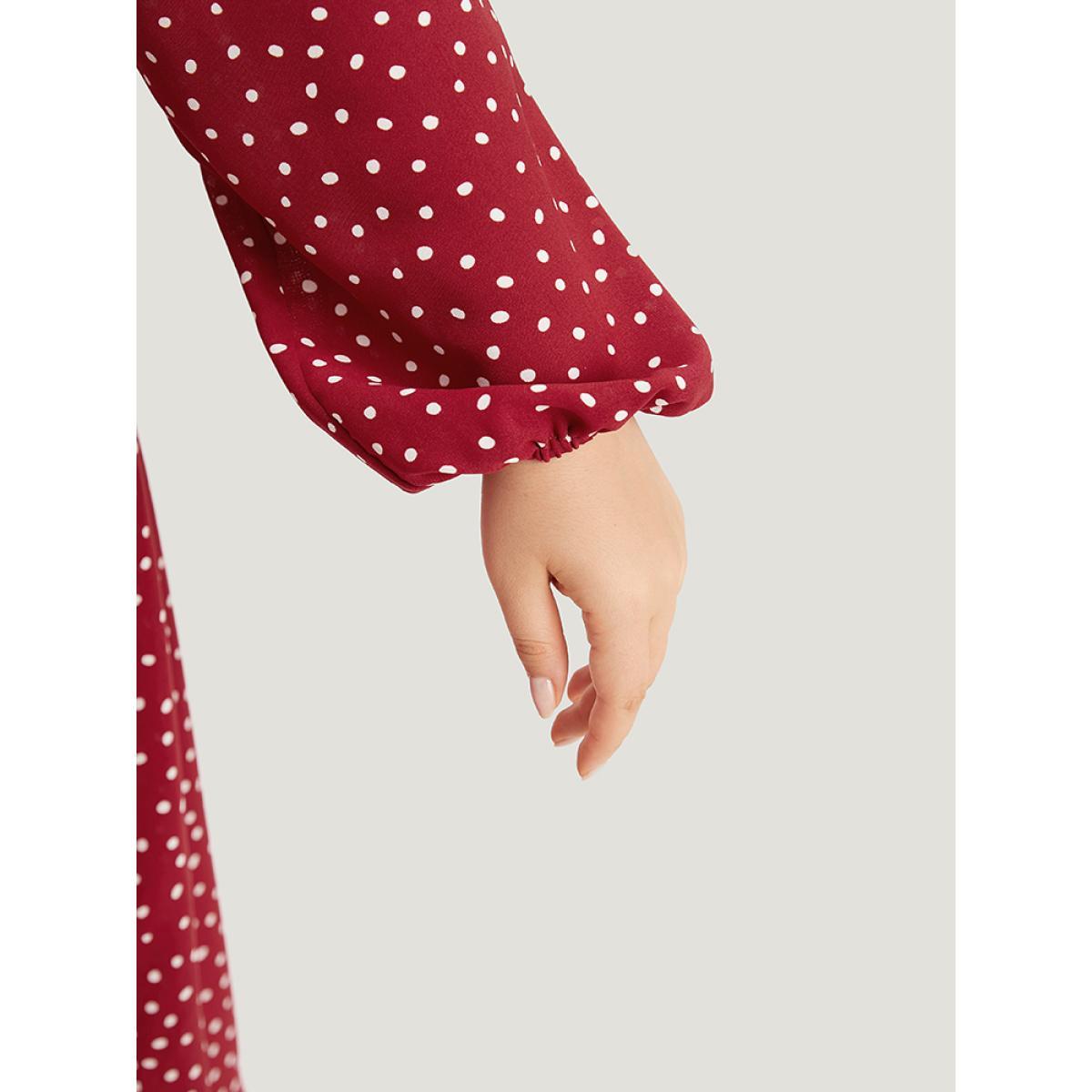 Plus Size Polka Dot Split Side Belted Lantern Sleeve Dress Scarlet Women Elegant Elastic cuffs V-neck Long Sleeve Curvy Midi Dress BloomChic 18-20/2X Product Image