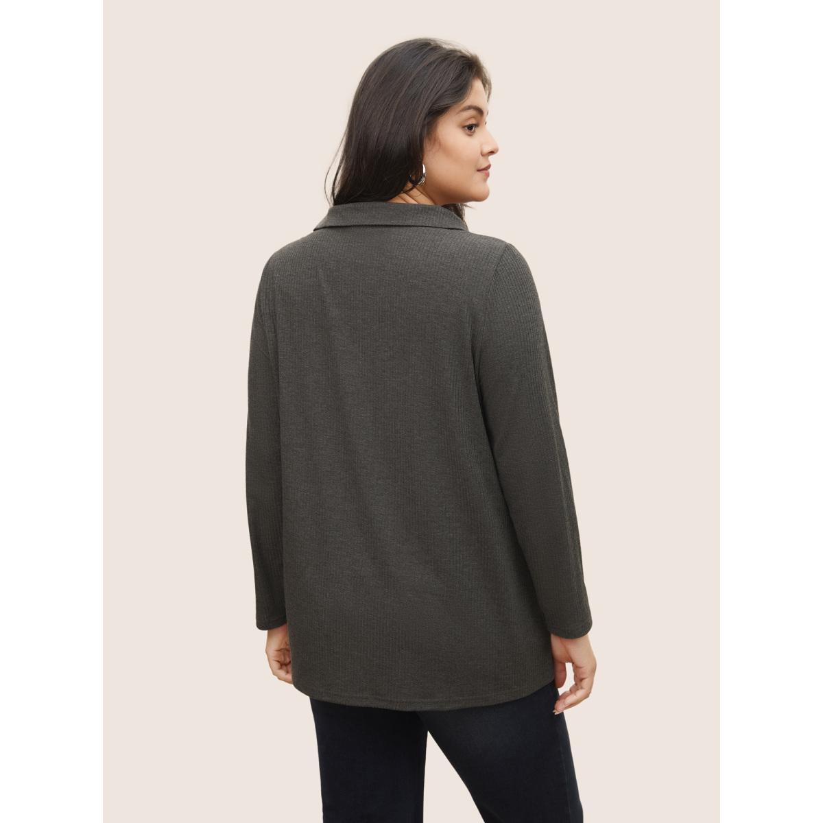 Plus Size Plain Lapel Collar Rib Knit T-shirt DimGray Women Casual Non Plain Lapel Collar Everyday T-shirts BloomChic 14-16/1X Product Image