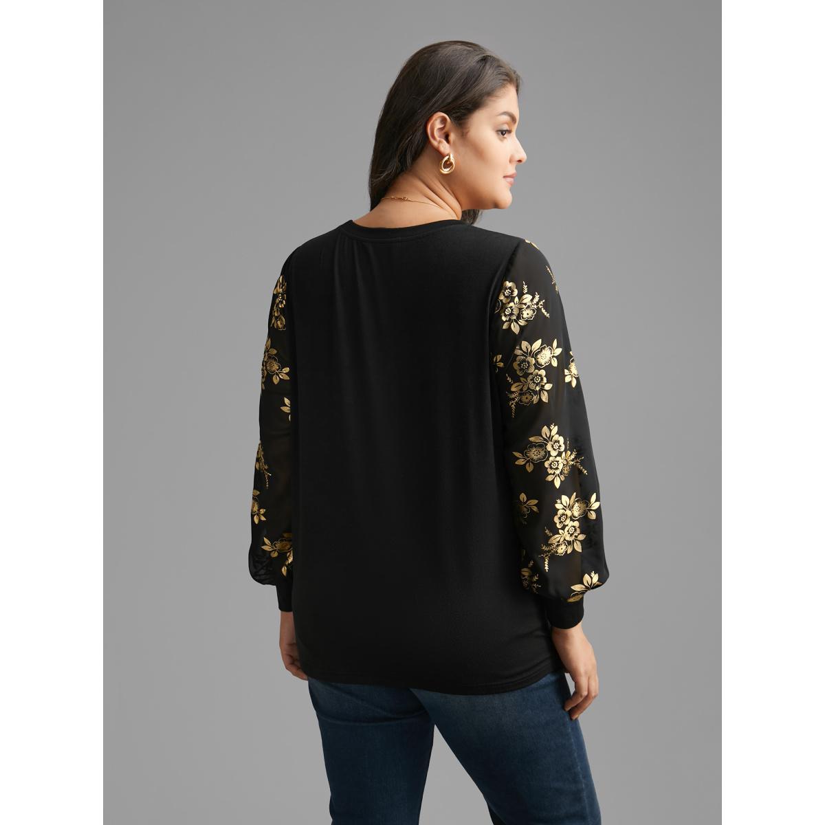 Plus Size Glitter Floral Patchwork Mesh T-shirt Black Women Elegant Contrast Natural Flowers Round Neck Everyday T-shirts BloomChic 30/6X Product Image