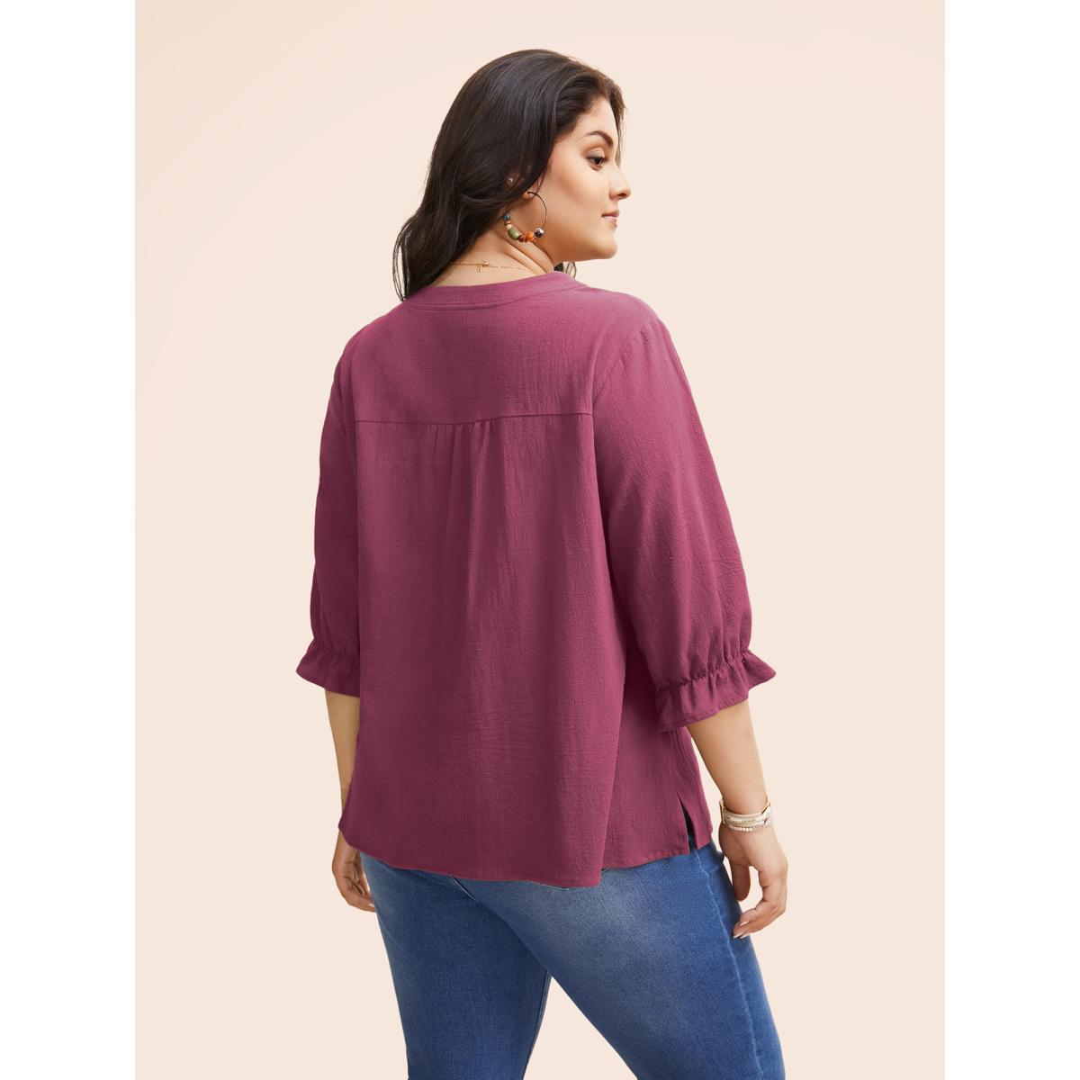 Plus Size Russet Broderie Anglaise Tie Knot Lantern Sleeve Blouse Women Boho Elbow-length sleeve Notched collar Vacation Blouses BloomChic 28/5X Product Image