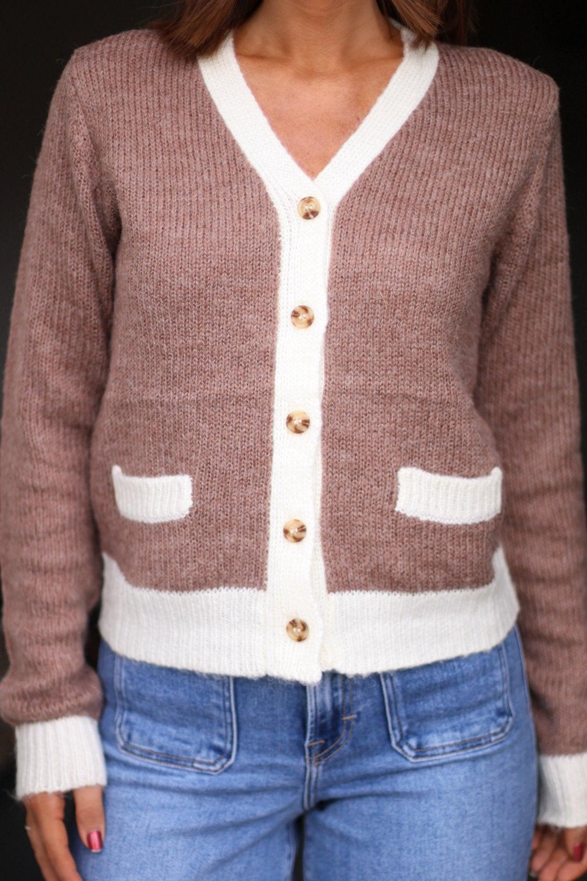 Brown Two Tone Button Up Cardigan - FINAL SALE Female Product Image