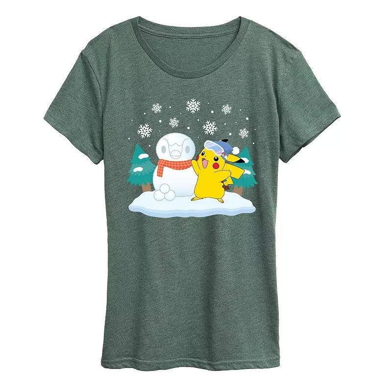 Women's Pokemon Pikachu Piplup Snowman Graphic Tee, Size: Small, Grey Green Product Image