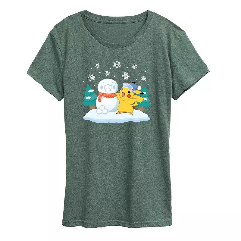 Women's Pokemon Pikachu Piplup Snowman Graphic Tee, Size: Small, Grey Green Product Image