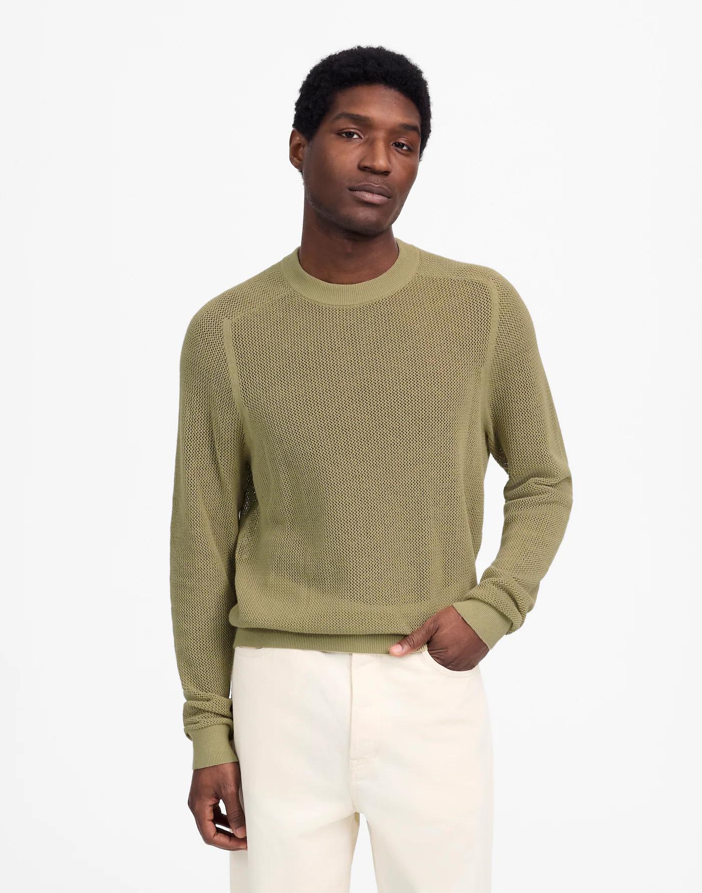 Mesh-Knit Crewneck Sweater in Lightweight Cotton-Linen Blend Product Image
