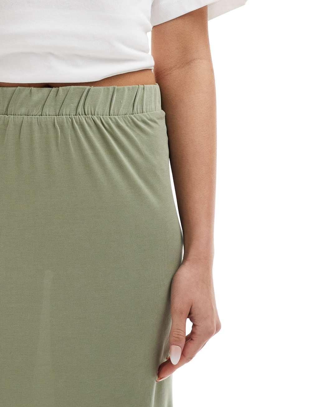 Vila slinky maxi skirt with split in green Product Image