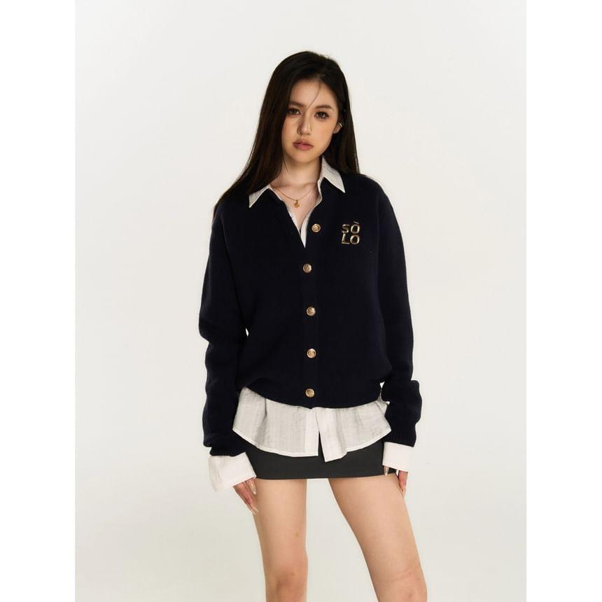 Collared Lettering Button-Up Cardigan Product Image