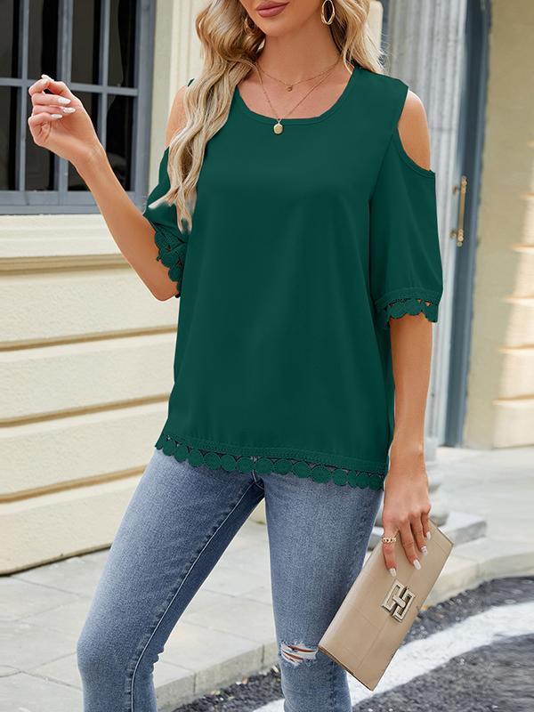 Loose Short Sleeves Solid Color Split-Joint Tasseled Cold Shoulder T-Shirts Tops Product Image