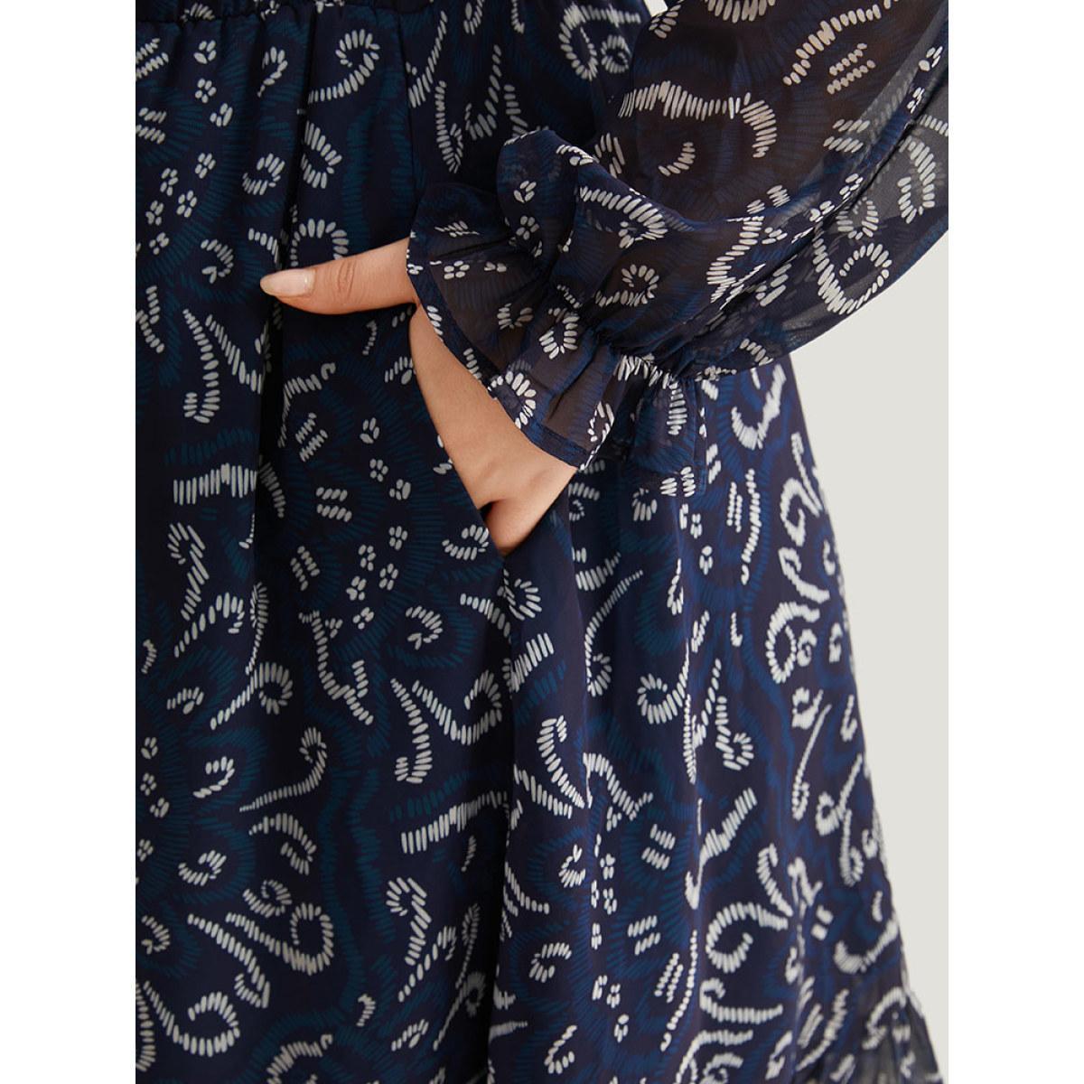 Plus Size Geometric Pocket Ruched Mesh Dress Cerulean Women Office Gathered V-neck Long Sleeve Curvy Midi Dress BloomChic 28/5X Product Image