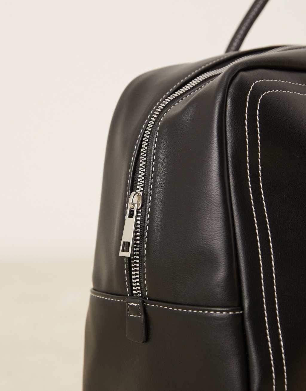 ASOS DESIGN faux leather holdall with contrast stitch in black Product Image