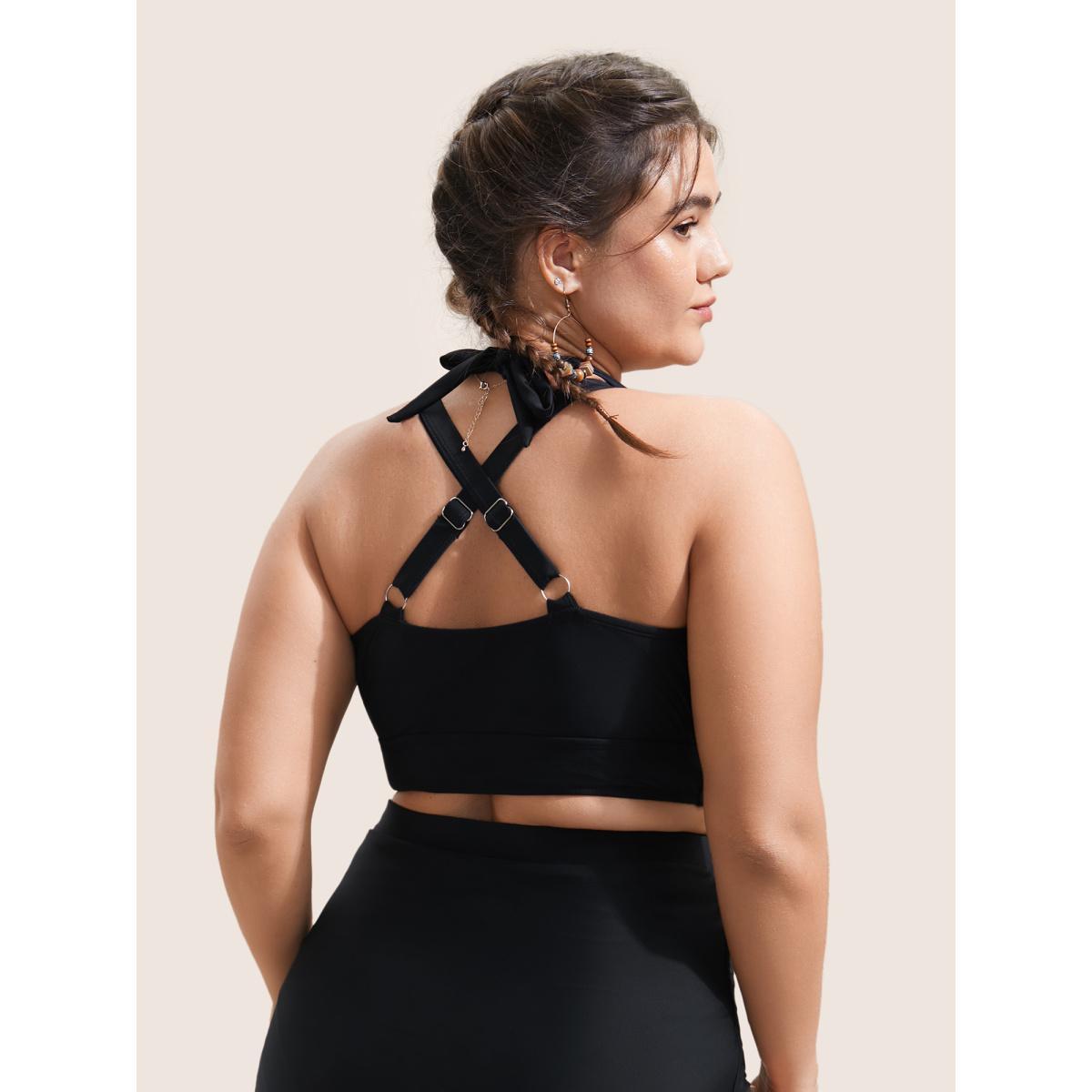 Plus Size Plain V Neck High Stretch Tie Knot Swim Top Women's Swimwear Black Resort Tie knot High stretch Skinny Overlap Collar Curve Swim Tops BloomChic 30/6X Product Image