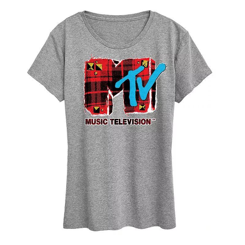 Womens MTV Grunge Plaid Graphic Tee Grey Gray Product Image