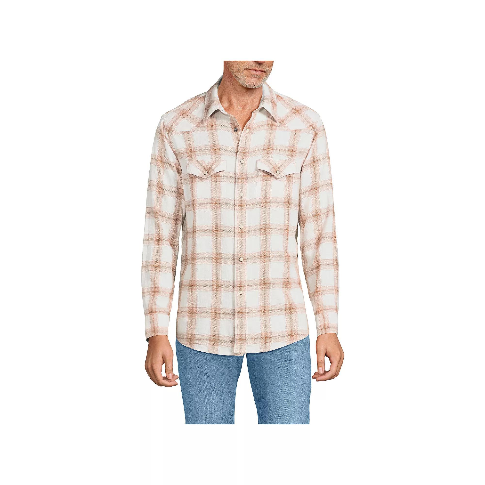 Men's Lands' End Plaid Western-Style Shirt, Size: XL, Ivory Caramel Plaid Product Image