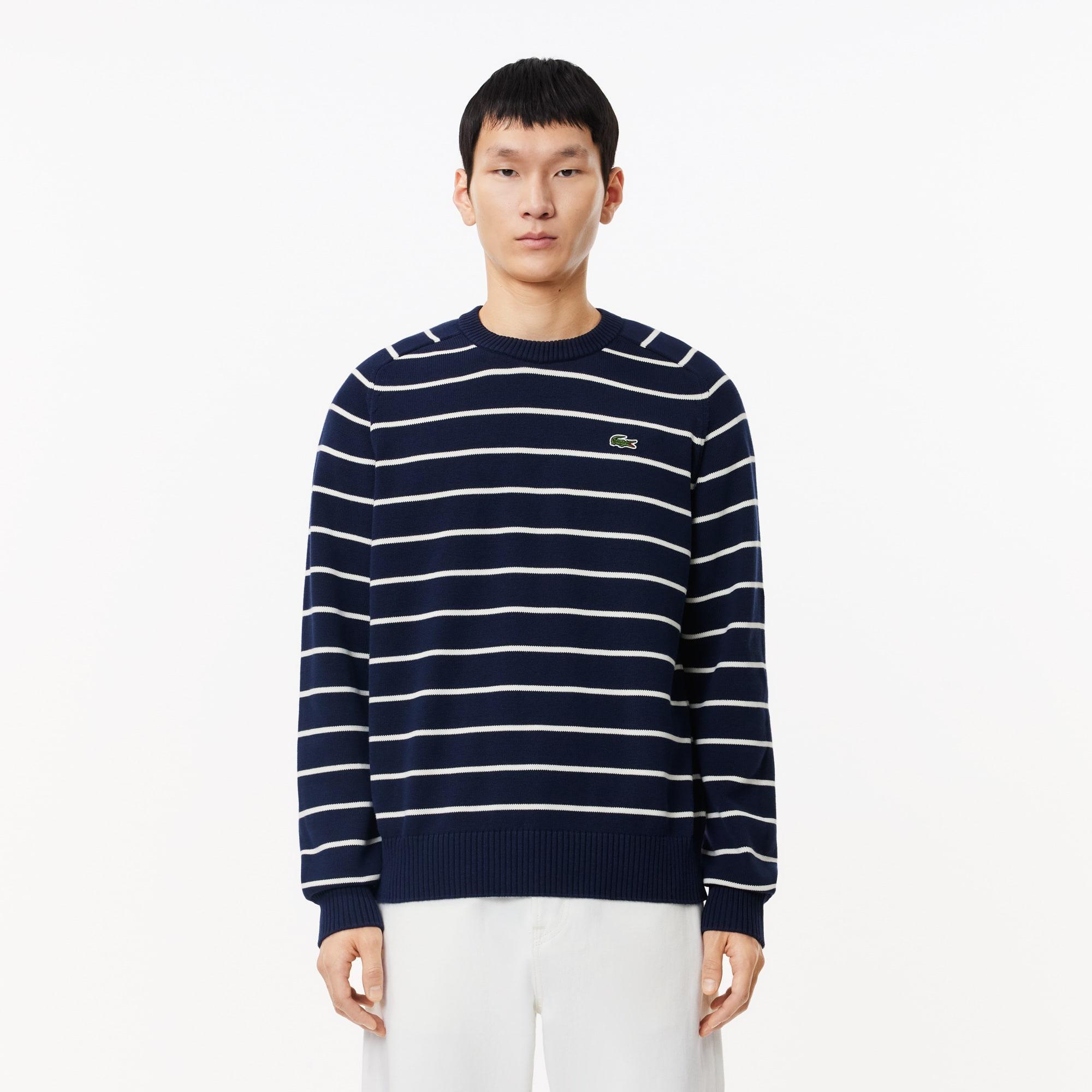 Striped 3D Knit Cotton Crew Neck Sweater Product Image