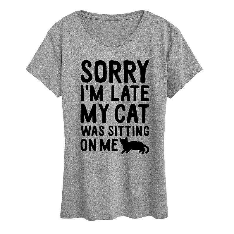 Women's Sorry I'm Late Cat Sitting On Me Graphic Tee, Girl's, Size: Large, Grey Wine Product Image