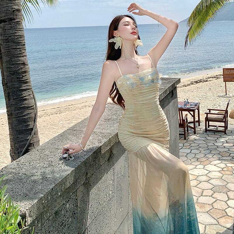 Spaghetti Strap Sea Print Floral Shirred Midi Mermaid Dress Product Image