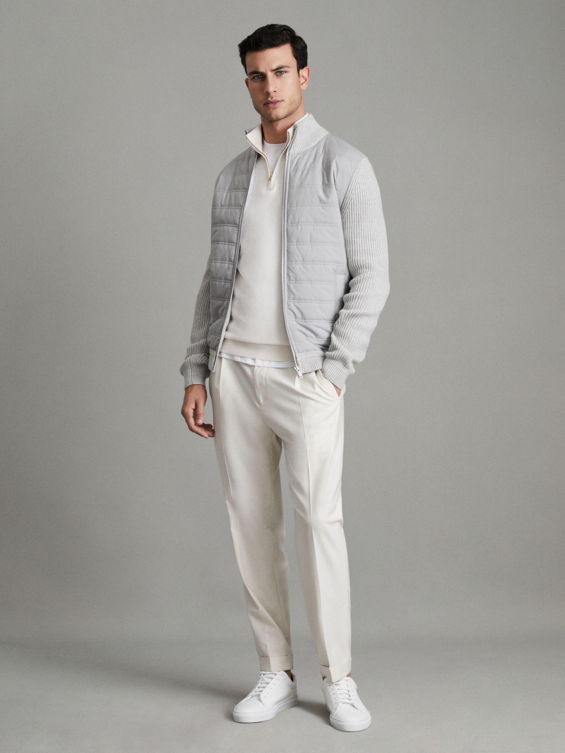 Hybrid Quilt and Knit Zip-Through Jacket in Soft Grey Product Image