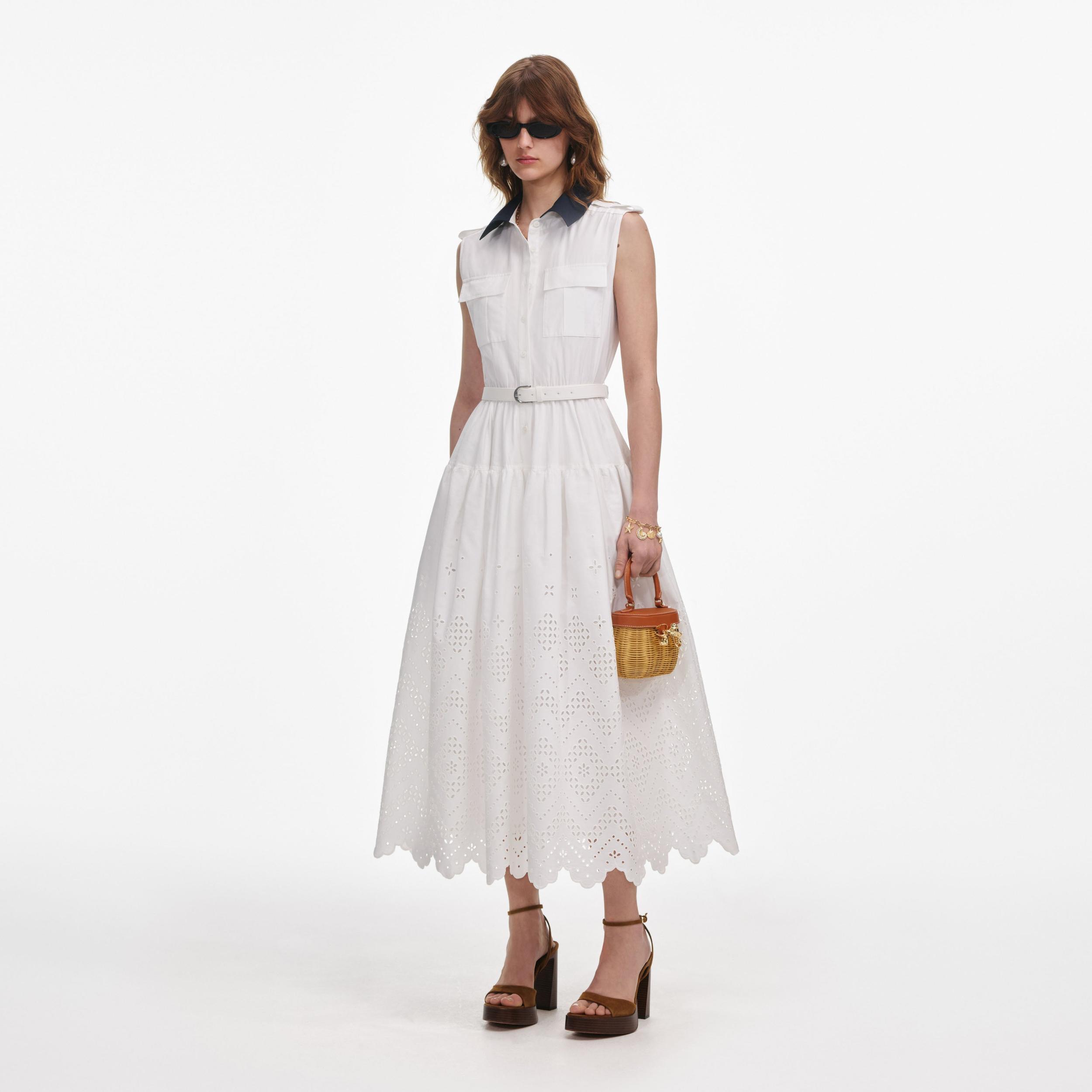 White Contrast Collar Broderie Midi Dress Product Image
