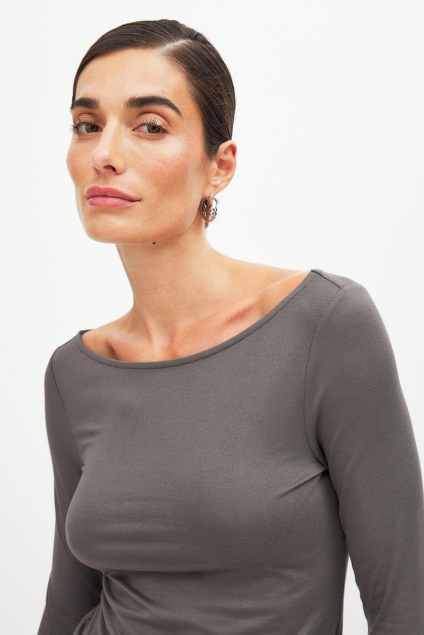 Boat Neck Long Sleeve Top Grey Product Image