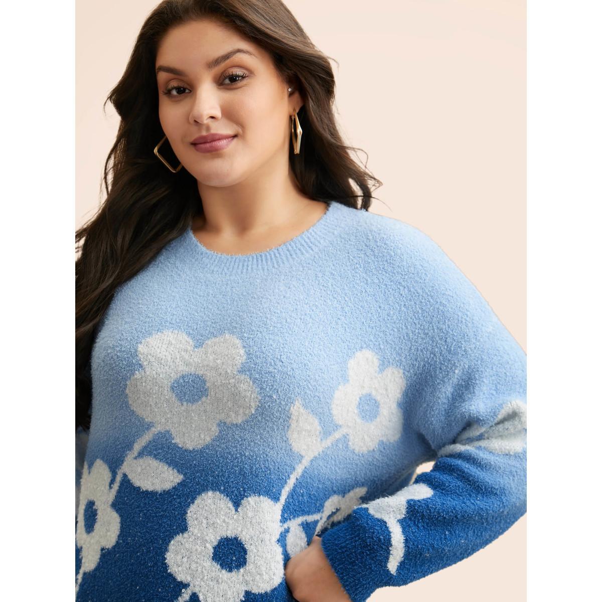 Plus Size Floral Jacquard Ombre Drop Shoulder Pullover Indigo Women Casual Long Sleeve Round Neck Everyday Pullovers BloomChic 18-20/2X Product Image