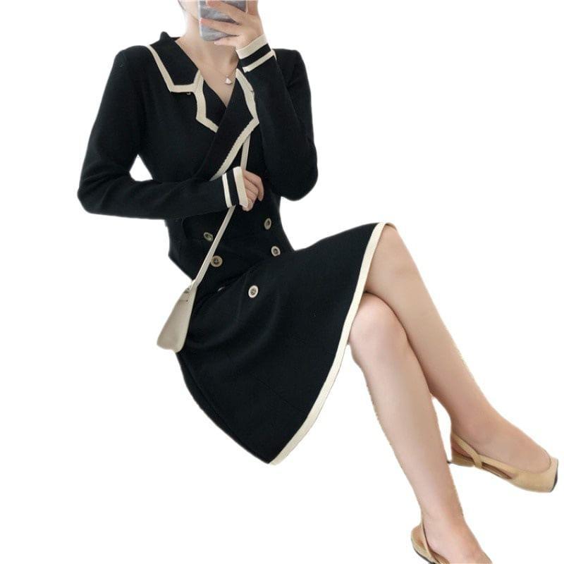 Long-Sleeve Double Breasted Knit A-Line Dress Product Image