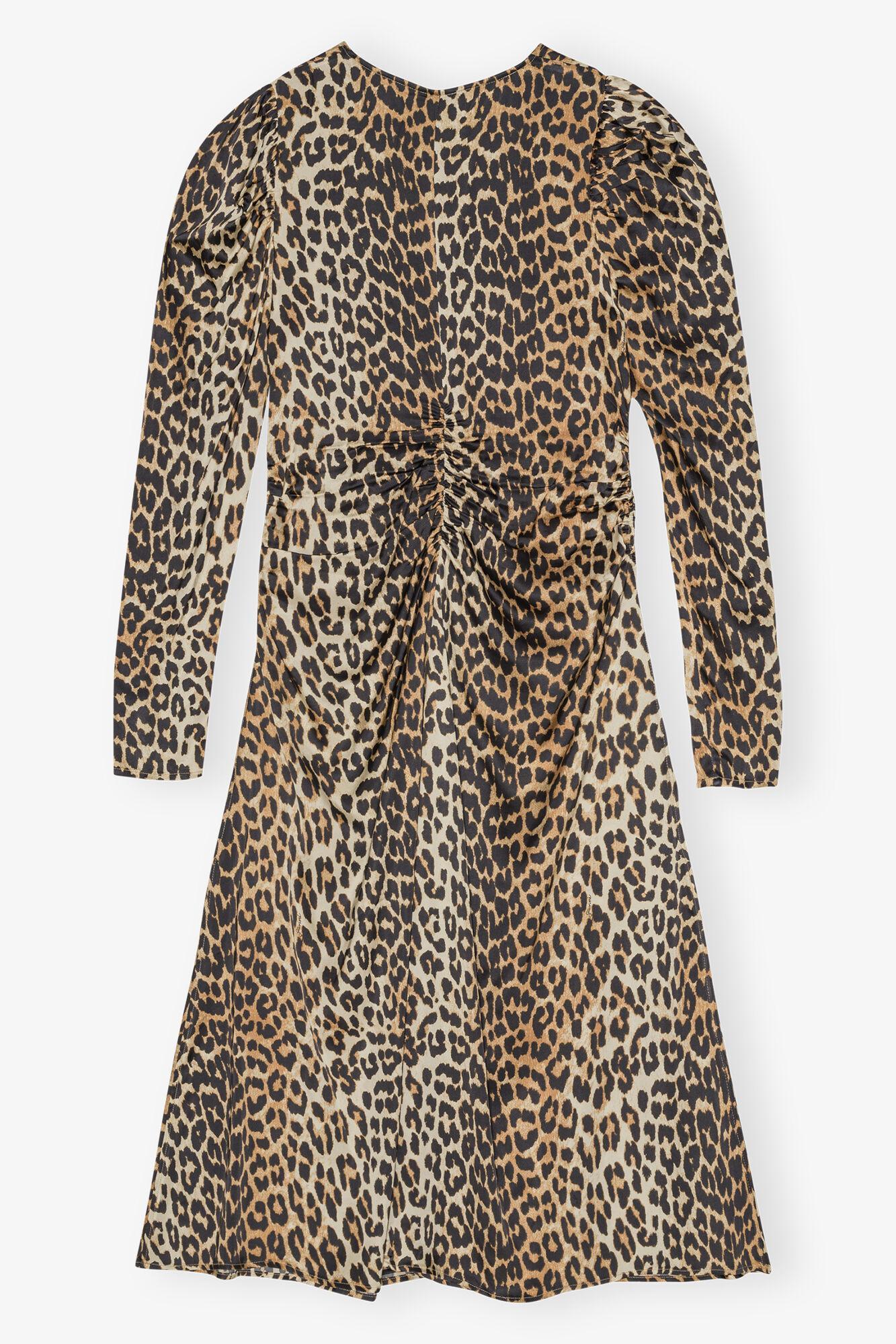 Leopard Print Satin Ruched Midi Dress Product Image