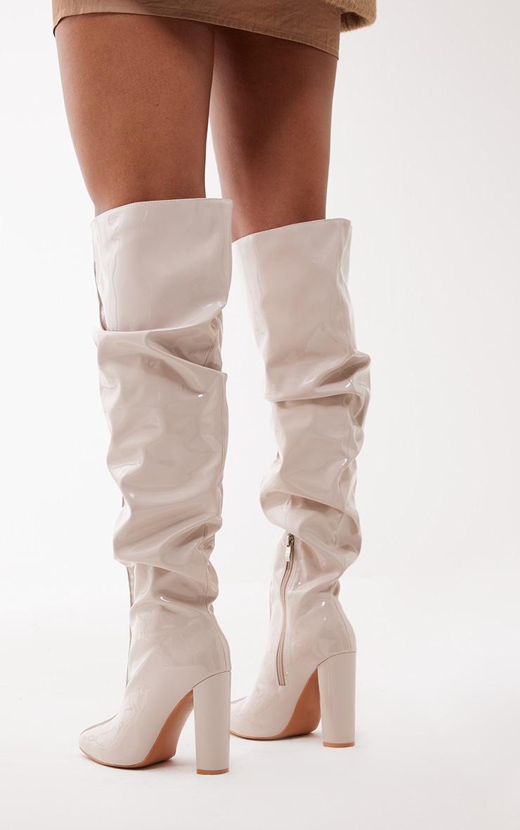 Cream Vinyl Point Toe Seam Detail Over The Knee High Block Heeled Boots Product Image